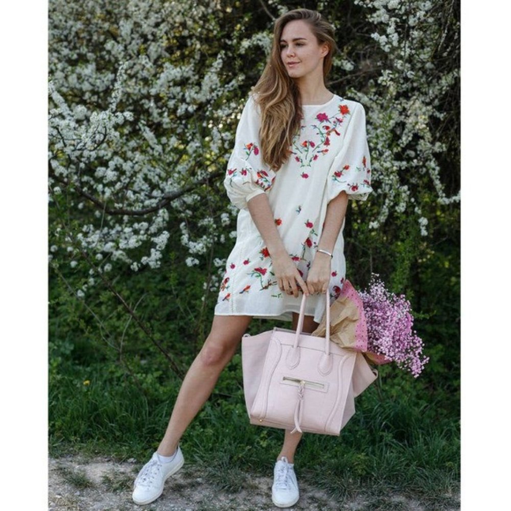 Zara Cotton Silk Blend Balloon Puff Sleeve Floral Embroidered Mini Dress